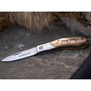 Coltello tascabile BOKER Caveman Steel 440A in acciaio non rivestito con manico in legno decorato