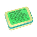 Combat survival tin with green label on a white background