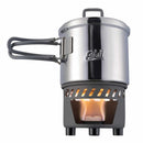 ESBIT lightweight stainless steel pot on anodized aluminum solid fuel stove burning a fuel tablet for camping meals