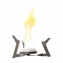 ESBIT foldable titanium solid fuel stove burning with a bright yellow flame for camping and outdoor cooking.