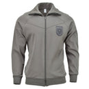 Genuine Austrian Army grey sports jacket with full zip and military insignia patch on chest, vintage style track jacket.