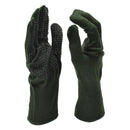 Pair of genuine British military green Nomex tactical gloves with knit gripper texture for flame resistance and secure grip