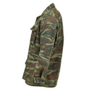 Genuine Greek military jacket in durable dark lizard camo with reinforced elbows and adjustable cuffs side view