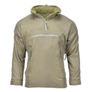 Lightweight thermal anorak jacket in olive green with hood and front zippered pocket for outdoor sports and activities.
