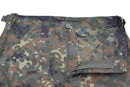 Close-up of Mil-Tec Flecktarn BDU commando pants with ripstop fabric and camo pattern, showing waist and fly details.