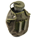 Original Austrian Army military water flask in durable plastic with olive green nylon pouch and belt clips for outdoor use.