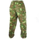 Reversible Finnish M62 army camo pants in green and brown with cargo pocket, adjustable waistband, and durable military design.