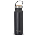 Primus Klunken 700ml stainless steel black powder-coated water bottle with screw-on cork and webbing handle for hiking.