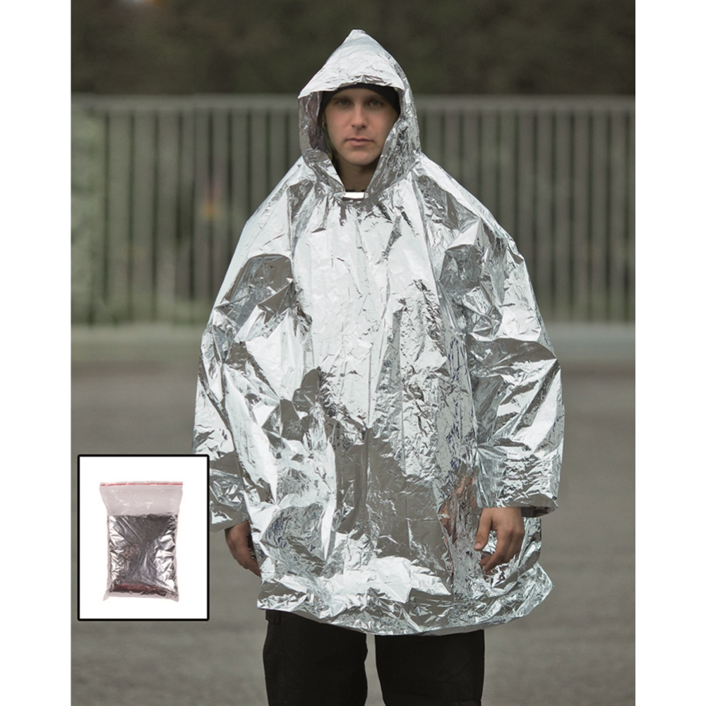 Poncho di sopravvivenza d'emergenza Mil-Tec con cappuccio, copertura antipioggia termica leggera