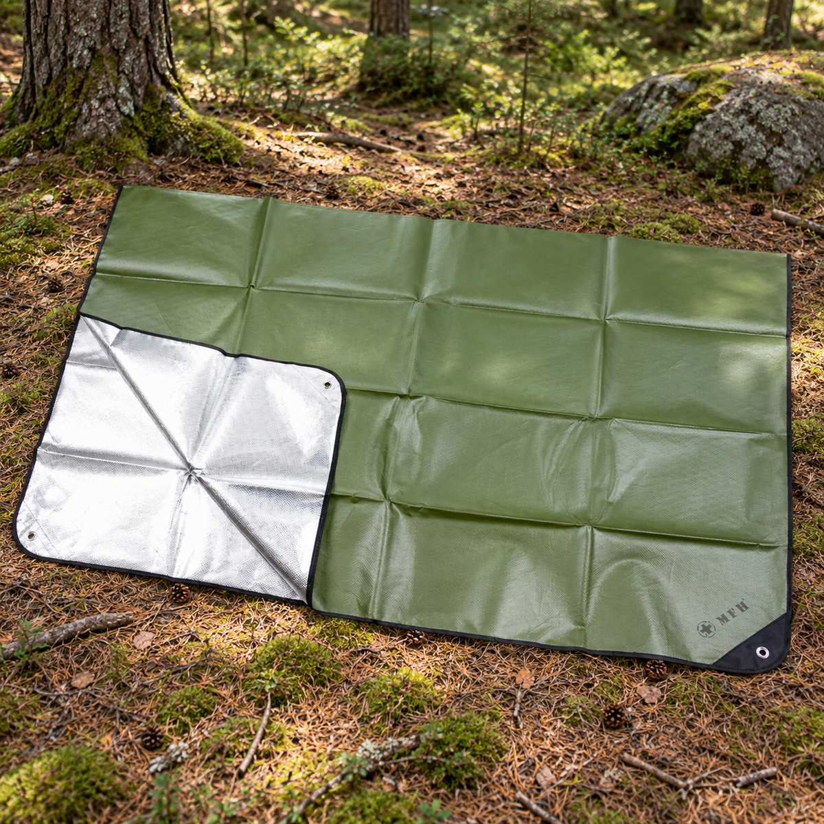 Telo di emergenza MFH 210 x 150 cm Telo da campeggio rivestito in alluminio OD verde