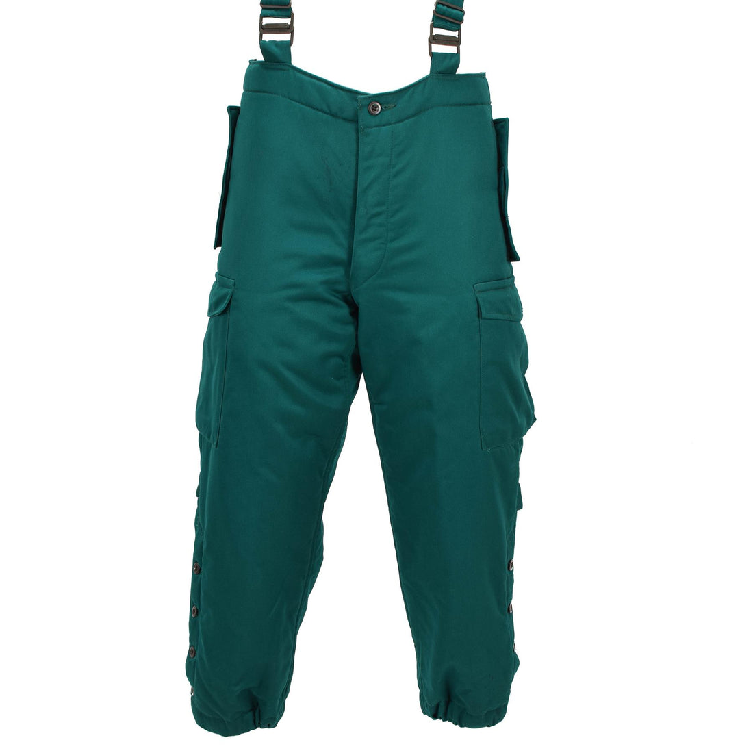 Pantaloni con bretelle termici originali militari austriaci, isolati per il freddo, verdi