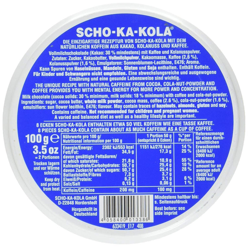 Energia tedesca cioccolato cioccolato scho-ka-kola latte intero 100 g di latta lattina blu