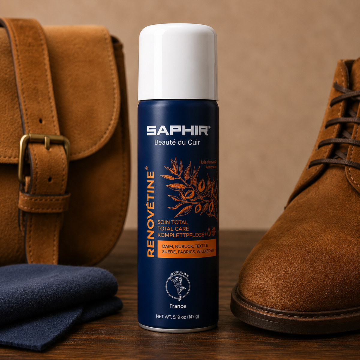 Saphir Renovétine Spray rinnovatore per pelle scamosciata e nabuk 200 ml Olio di mandorle Total Care