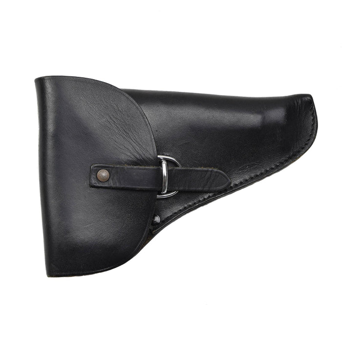 Fondina da cintura in pelle nera in stile militare con chiusura con fibbia a spina progettata per pistole Beretta, resistente e sicura.