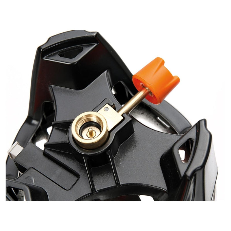 Close-up of A.Blochl AB-1 camping stove gas burner with black base and orange control knob for hiking cooking set