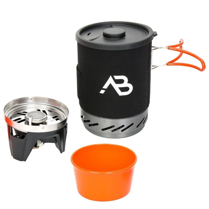 Fornello da campeggio compatto A.Blochl AB-1 con pentola da 0,8 l, bruciatore a gas liquido, frangivento e scambiatore di calore per l'efficienza del carburante