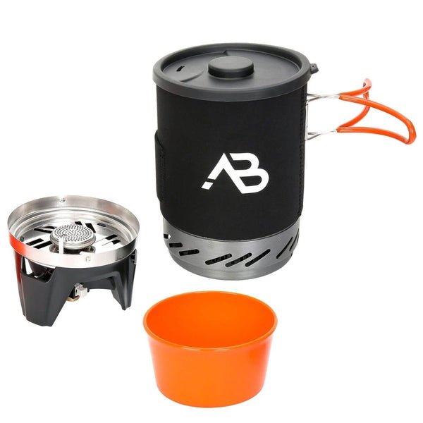 A.Blochl AB-1 compact camping stove system with 0.8L pot, liquid gas burner, windbreak, and heat exchanger for fuel efficiency