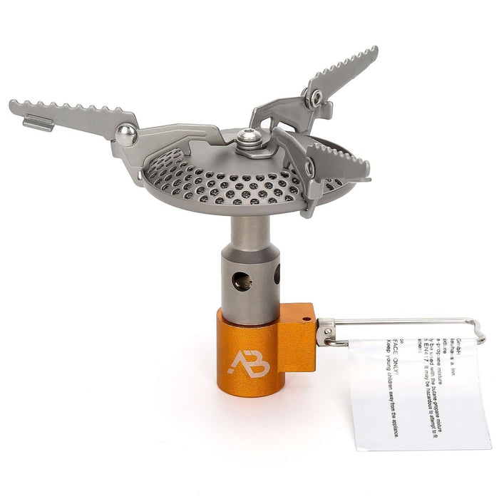Fornello a gas da campeggio A.Blochl AB-16 leggero in titanio con fiamma regolabile e robusti supporti per pentole per il trekking.