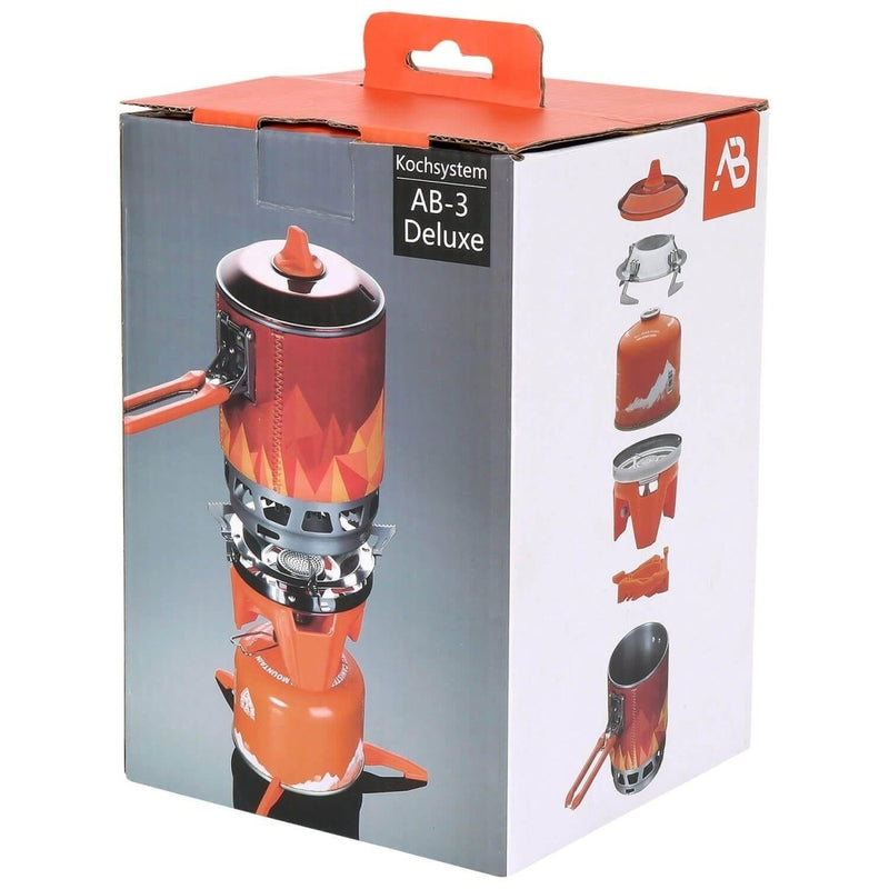 Compact AB-3 Deluxe outdoor stove system with neoprene pot cover, wind protection, and fuel-efficient design for trekking and hiking.