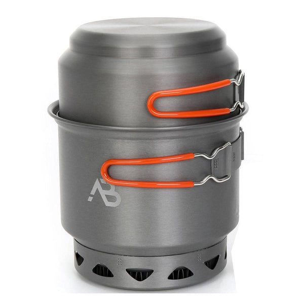 Stacked A.Blochl Star X1 lightweight hard anodized aluminum camping pot and pan with heat exchanger and orange handles