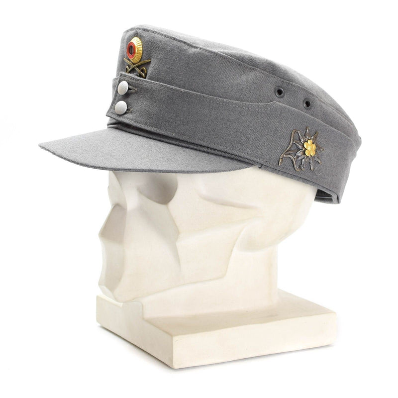 Original Erizzino tedesco Cap di montagna militare Gebirgsjäger grigio con badge floreale