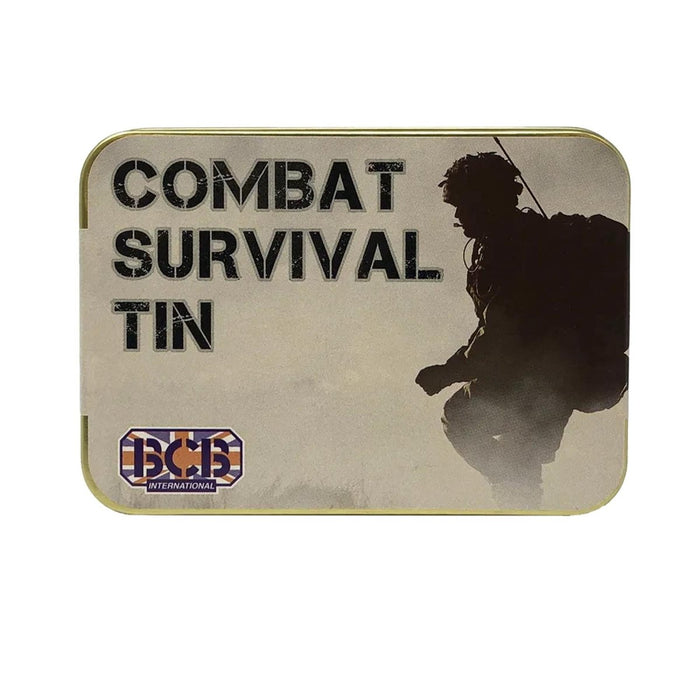 Combat Survival Tin con silhouette e logo "BCB" su sfondo bianco