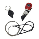 Marine anchor with rope, black and red handle, and safety whistle on a white background