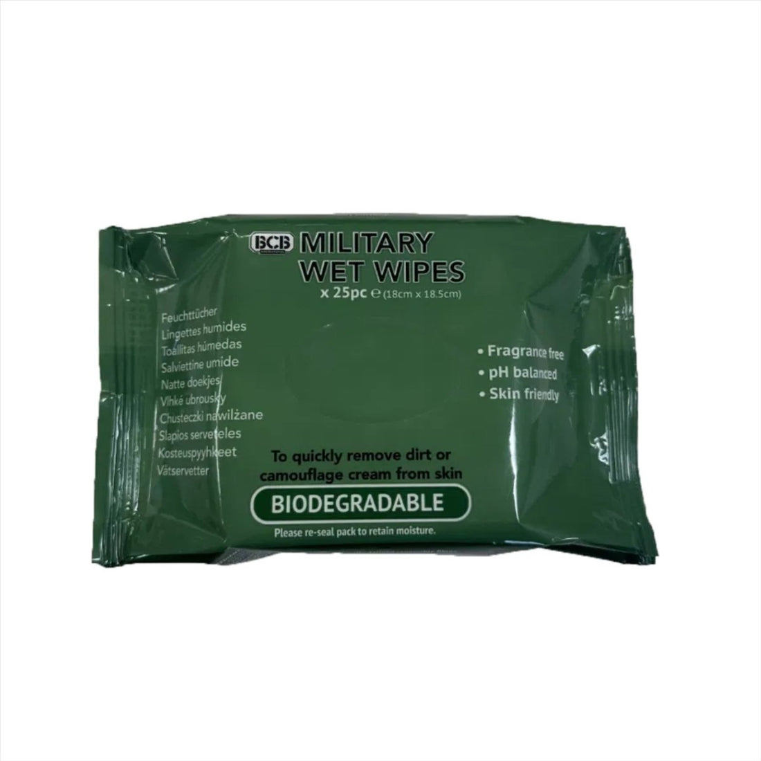 BCB Military Salviettine umidificate Confezione da 25 salviette biodegradabili per la pelle Ph bilanciato