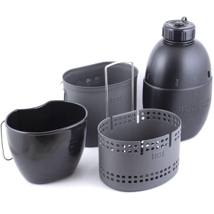 BCB Mk2 Set da cucina britannico per esterni con tazza NATO, fornello, borraccia e accendifuoco in un design compatto.