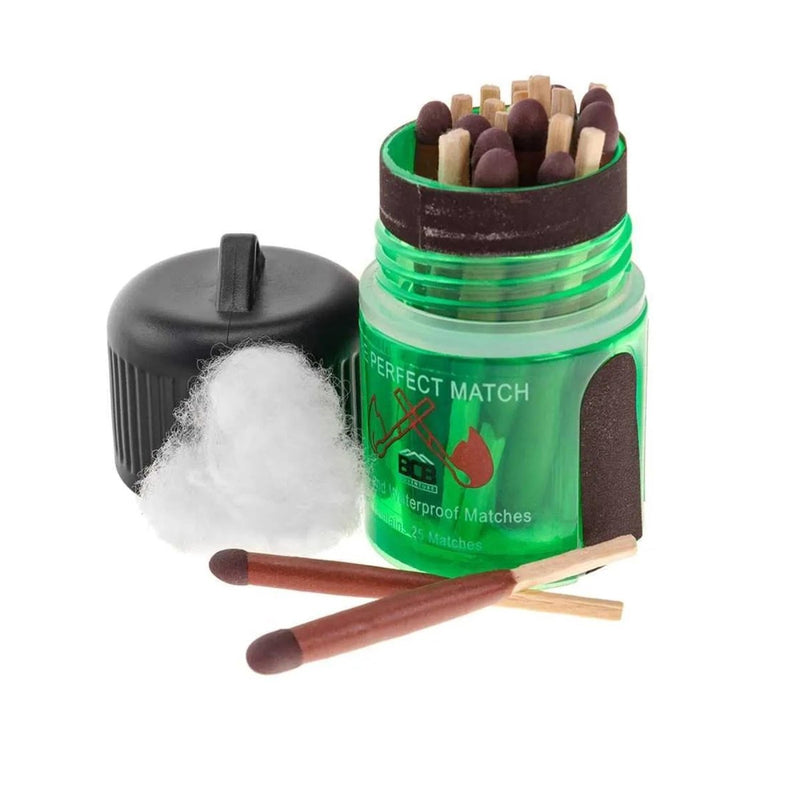 BCB waterproof matches 25 pieces in a green container with striker areas, ideal for hiking and survival use.