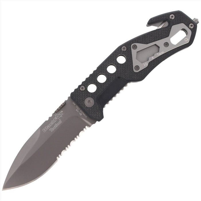 Coltello tascabile tattico Black Fox BF-115 con lama parzialmente seghettata in AISI 440, manico in G10 e rompi-vetro integrato
