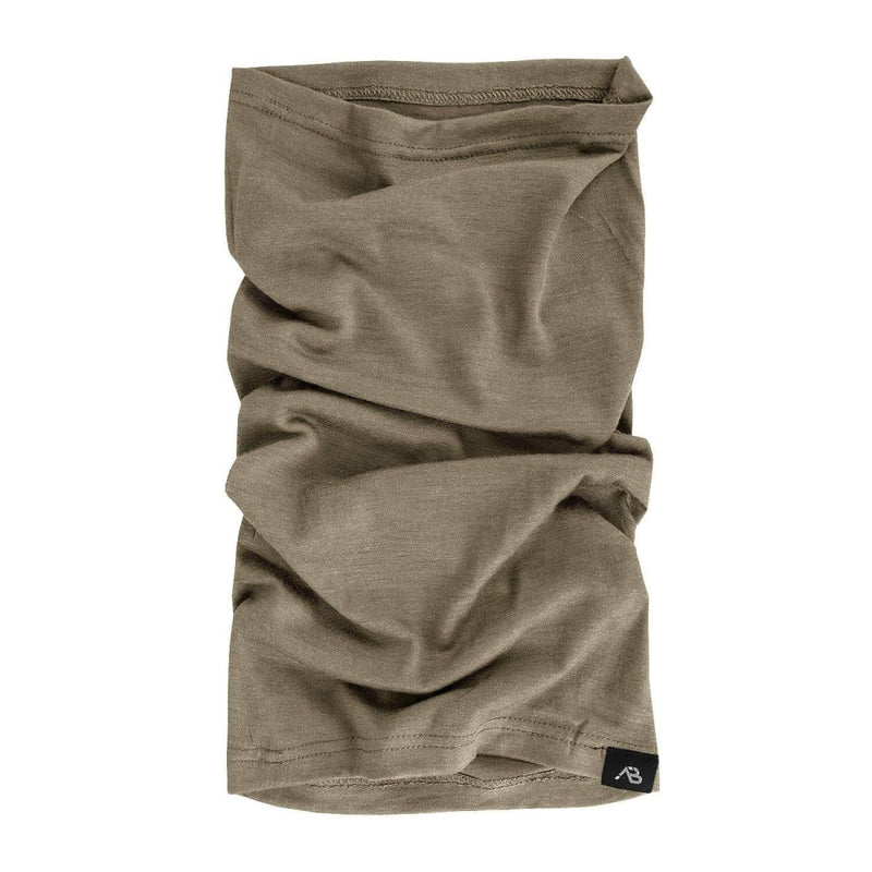 Brown neck gaiter with a brand logo on a white background