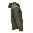 Side view of Blochl olive military-style hooded fleece jacket with reinforced shoulders and elbows for warmth and durability