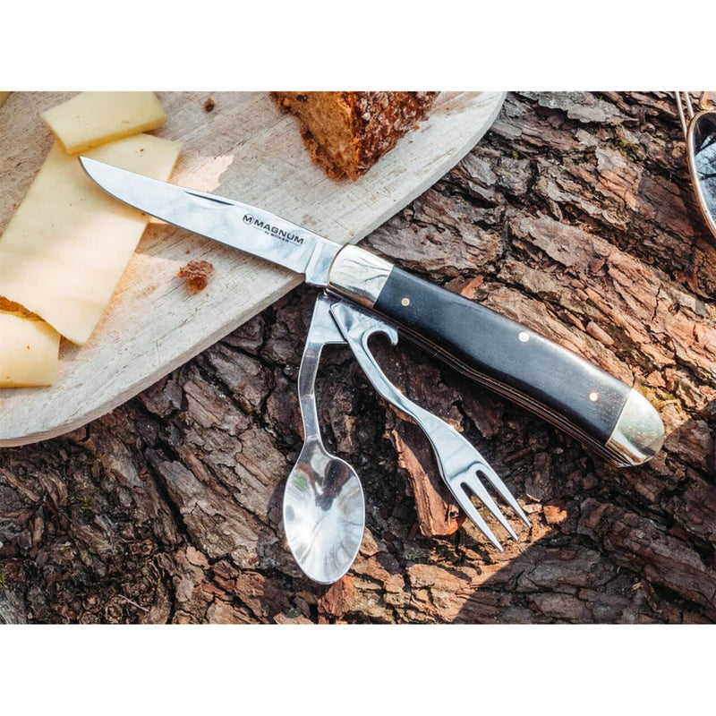 Compact BOKER Magnum Bon Appetite pocket cutlery set with knife, fork, and spoon made of 440A steel and wooden handle