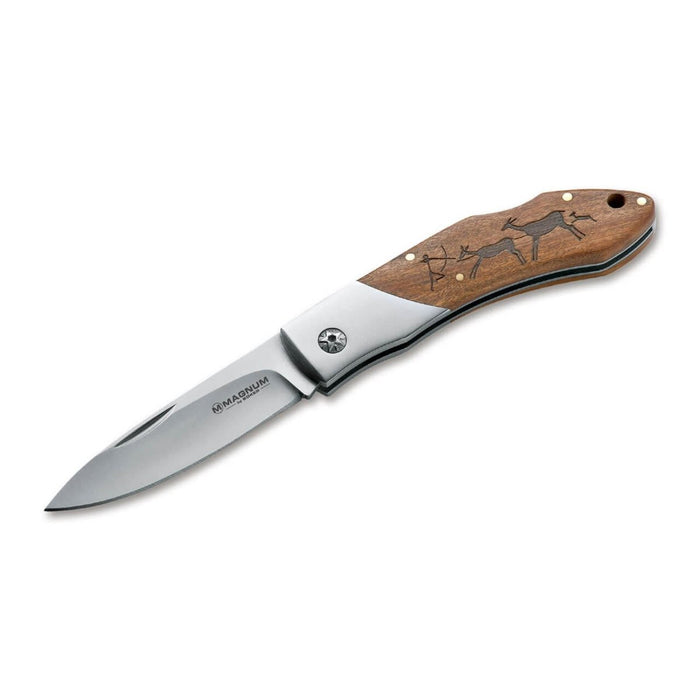 Coltello tascabile BOKER Caveman Steel 440A manico in legno decorato in acciaio non rivestito - GoMilitar