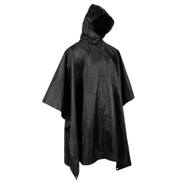Black army style waterproof ripstop poncho cape with hood, designed for outdoor protection and camouflage.