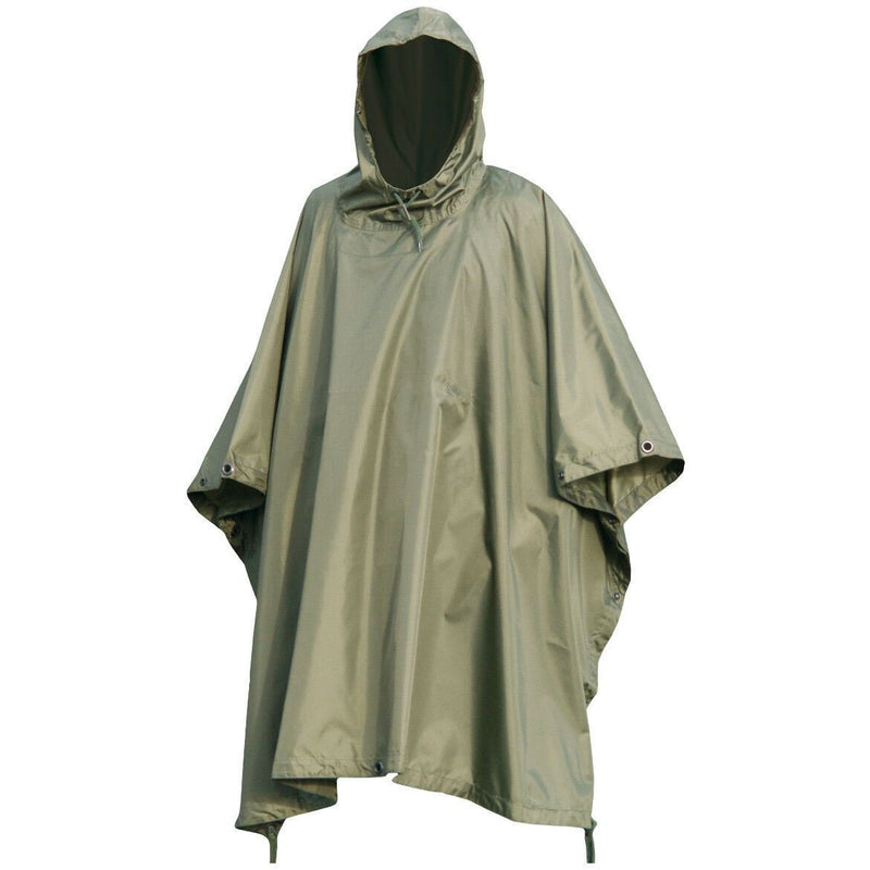 Olive green waterproof ripstop military style rain poncho cape with hood for outdoor protection and camping use