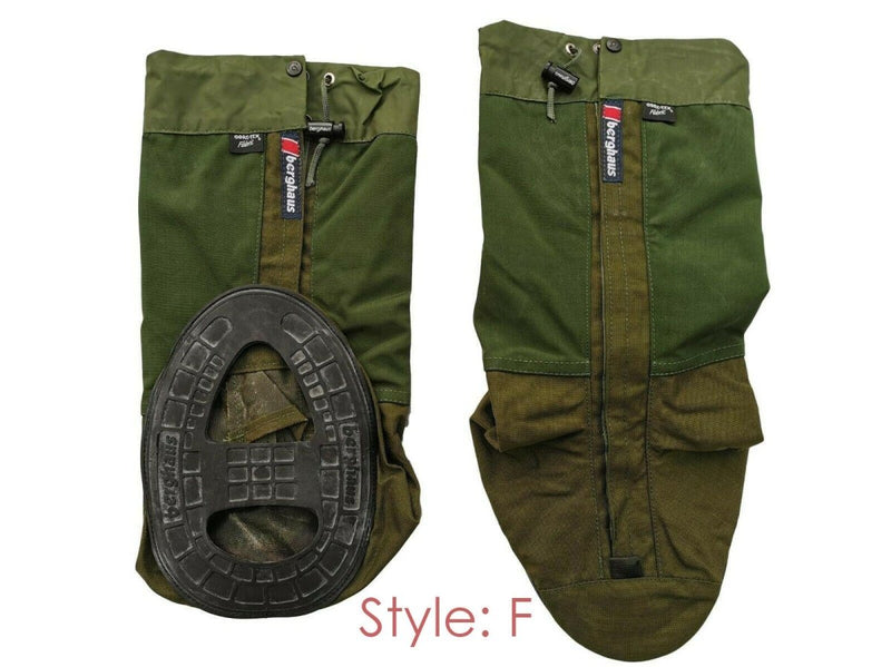 Berghaus Yeti Gore-Tex waterproof gaiters in olive drab with rubber soles and front hook-and-loop closure for winter hiking