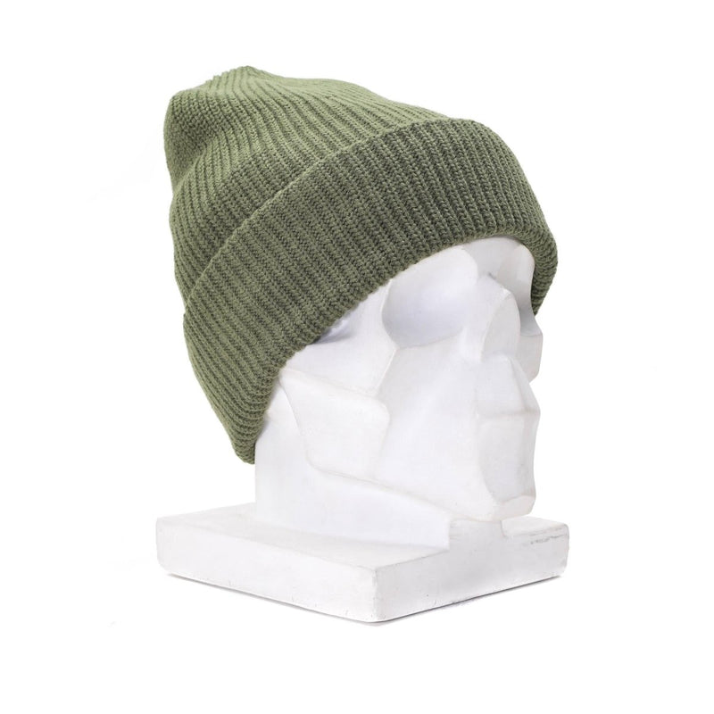Olive green MIL-TEC knit beanie with 3M Thinsulate lining, soft elastic fabric, and classic military style design.