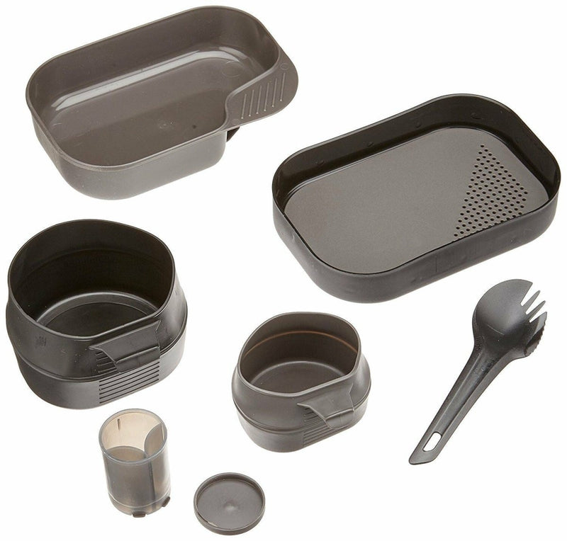 Swedish Wildo camp box camping kit in olive green with plates, cups, and spork for outdoor dining essentials