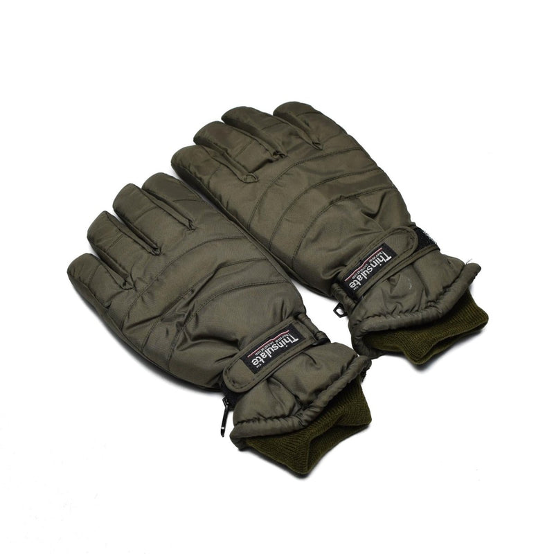 Olive camouflage Thinsulate winter gloves with adjustable straps and elastic cuffs for cold weather protection and durability