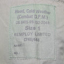 Close-up of fabric label for British Cold Weather Combat DPM hood size 1 made by Remploy Limited.