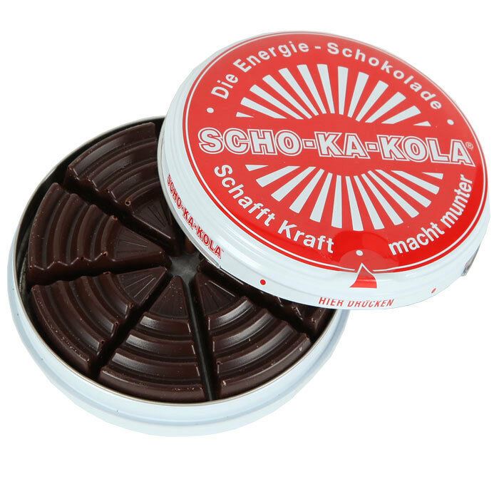 Energia tedesca cioccolato fondente scho-ka-kola caffeina e noce di cola da 100 g lattina