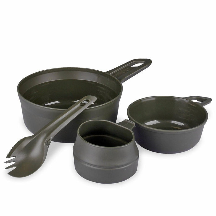 Set da pasticcio da esterno Wildo verde oliva senza BPA con ciotola grande, ciotola piccola, tazza pieghevole e forchetta per i pasti in campeggio.