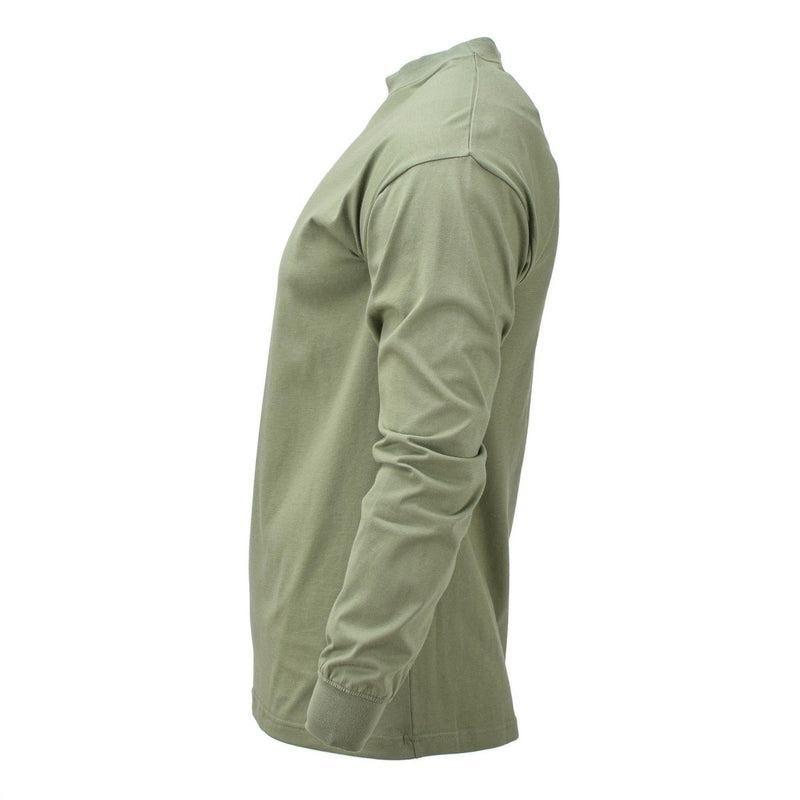 Czech Military olive long-sleeved shirt with elastic cuffs, breathable lightweight fabric, ideal for hiking and outdoor use.