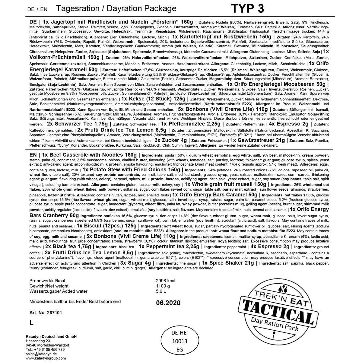 Cibo di sopravvivenza dell'esercito di emergenza 1 giorno razione di pasto militare prepper mre (typ3)