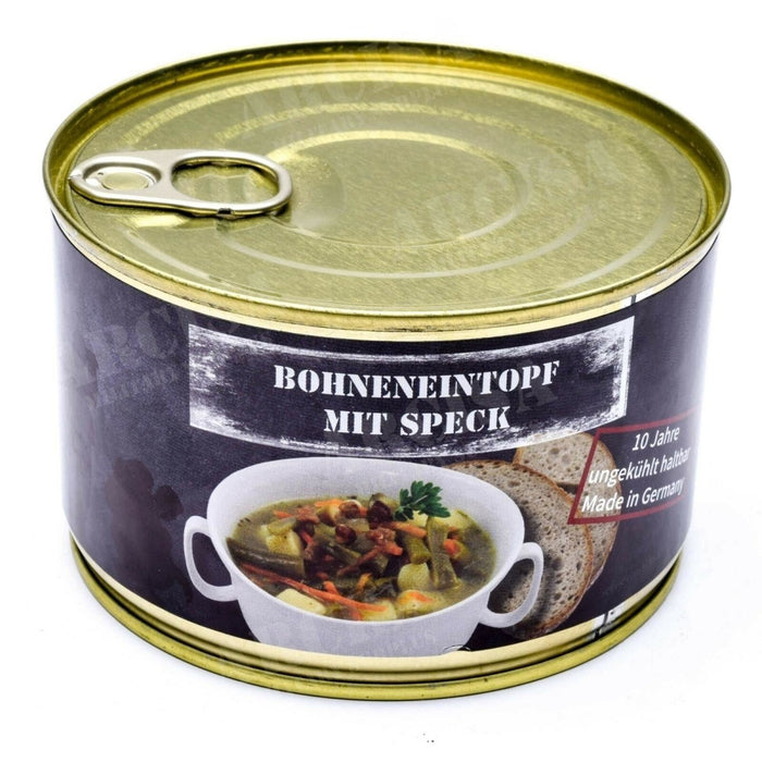 Lattina da 400 g di stufato di fagioli della razione d'emergenza tedesca con pancetta, a lunga conservazione e alimento di sopravvivenza ad alto contenuto energetico.