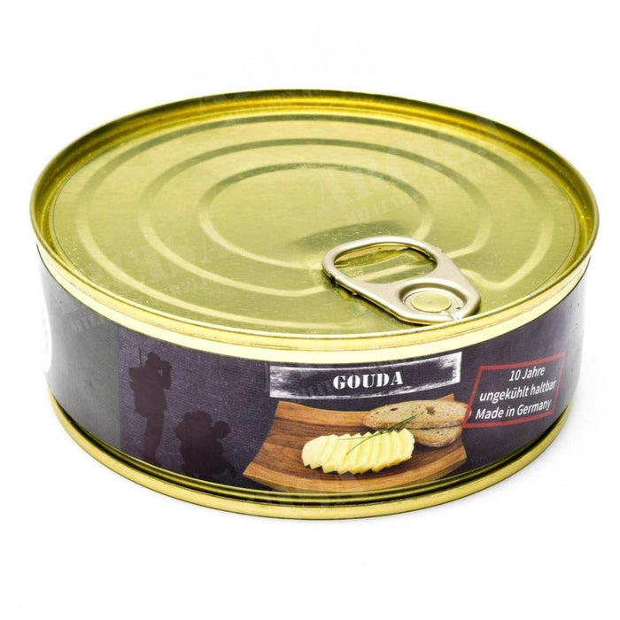 Formaggio Gouda in scatola da 200 g per razioni di emergenza, prodotto in Germania, lunga conservazione, ideale per la sopravvivenza e il campeggio.