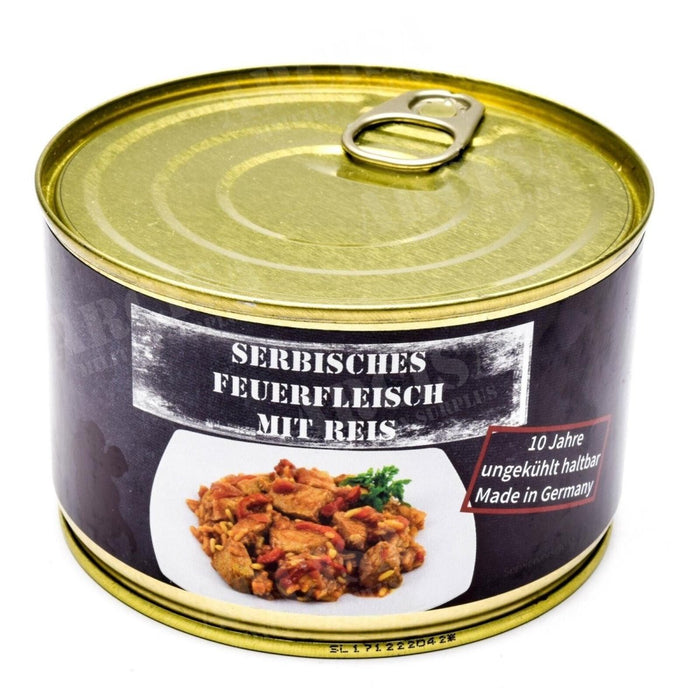 Carne di maiale serba in scatola con razione di emergenza di riso, lunga conservazione, prodotta in Germania, pasto di sopravvivenza per escursioni da 400 g.