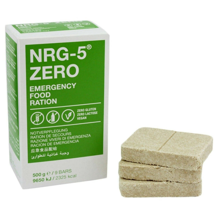 Confezione di razioni alimentari vegane di emergenza NRG-5 Zero con nove barrette senza glutine, peso totale 500 g, cibo di sopravvivenza ad alto contenuto calorico.